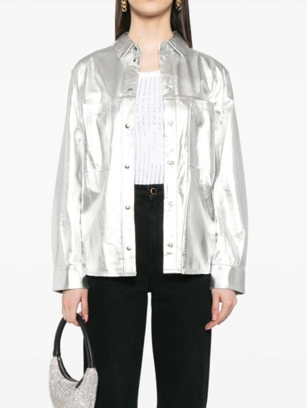 IRO Metallic Silver Button-Front Shirt Jacket Size 36